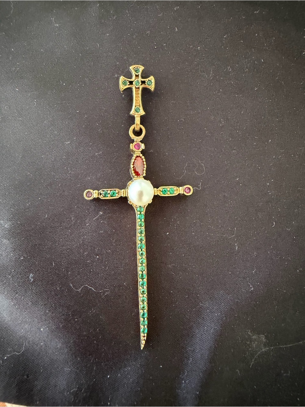 Gold-Tone Cross Pendant with 925 back-Green and red Stones and Pearl Accent